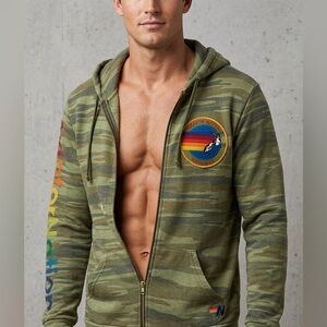 Aviator nation - Men's Green Camo Zip Hoodie with Multicolor Sleeve Print xl